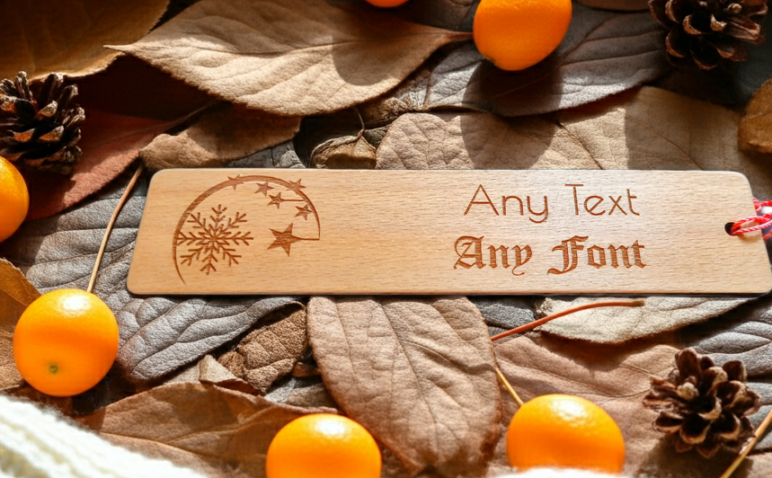 Christmas Moon, Stars and Snowflake Wood Bookmark. Personalise with any Text and Font.