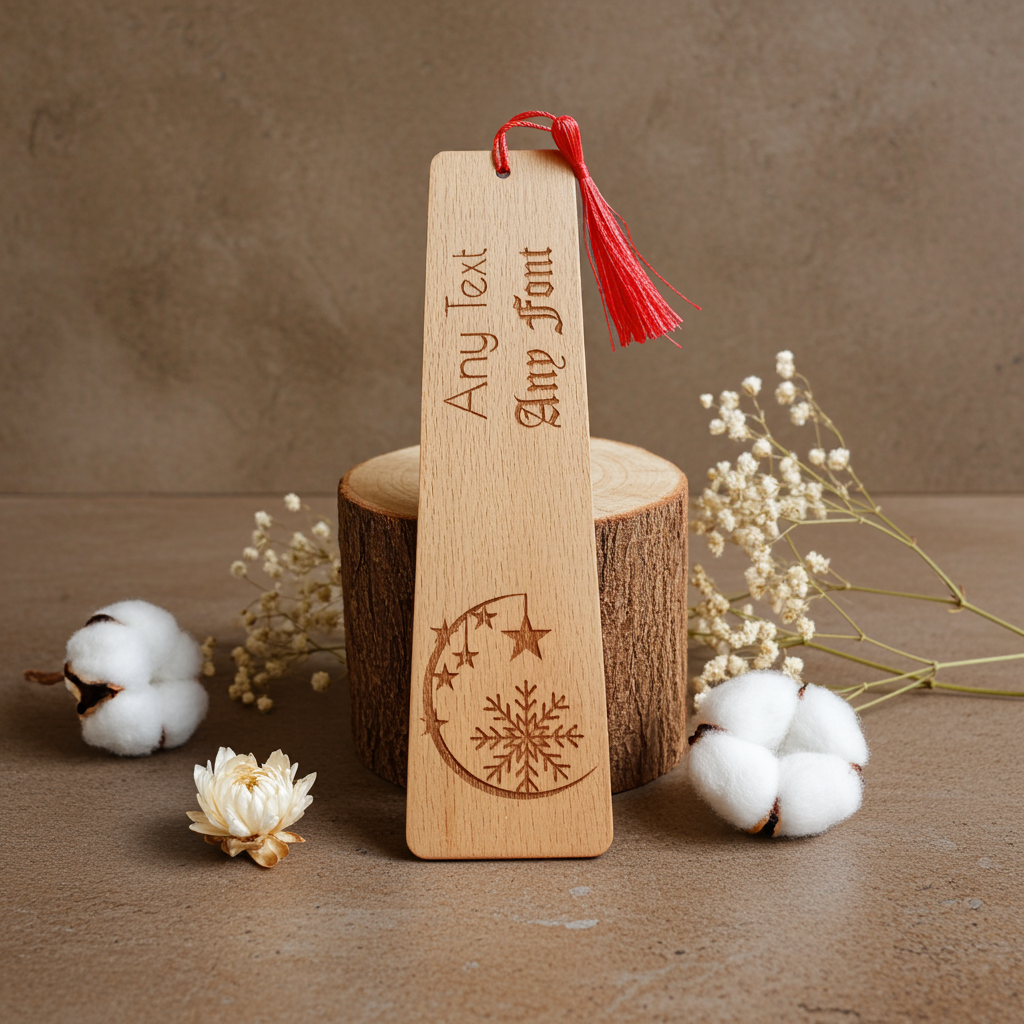 Christmas Moon, Stars and Snowflake Wood Bookmark. Personalise with any Text and Font.