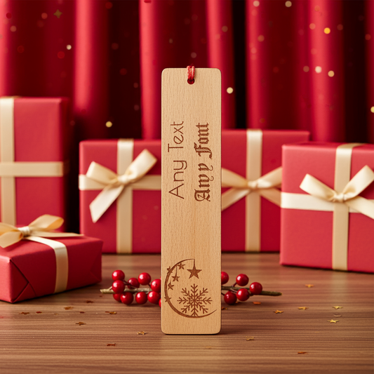 Christmas Moon, Stars and Snowflake Wood Bookmark. Personalise with any Text and Font.