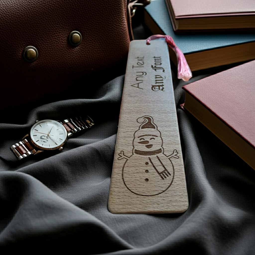 Christmas Wood Bookmark, Snowman Engraving. Personalise, Any Text and Font.