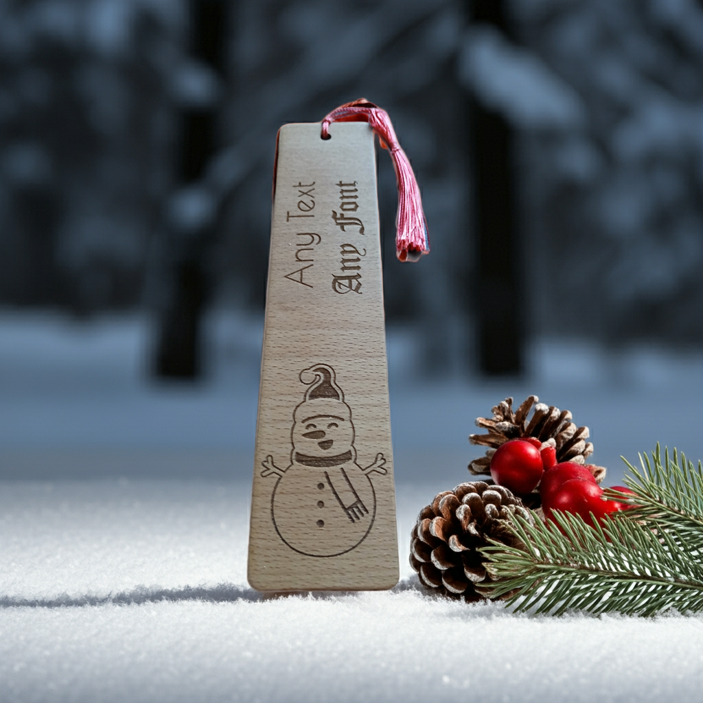 Christmas Wood Bookmark, Snowman Engraving. Personalise, Any Text and Font.