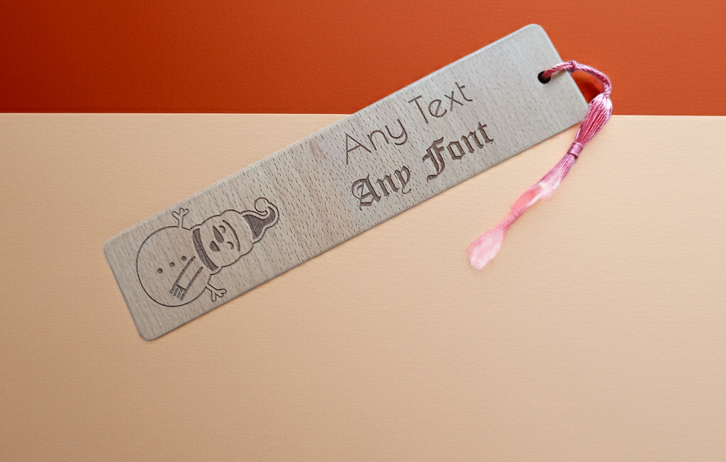 Christmas Wood Bookmark, Snowman Engraving. Personalise, Any Text and Font.