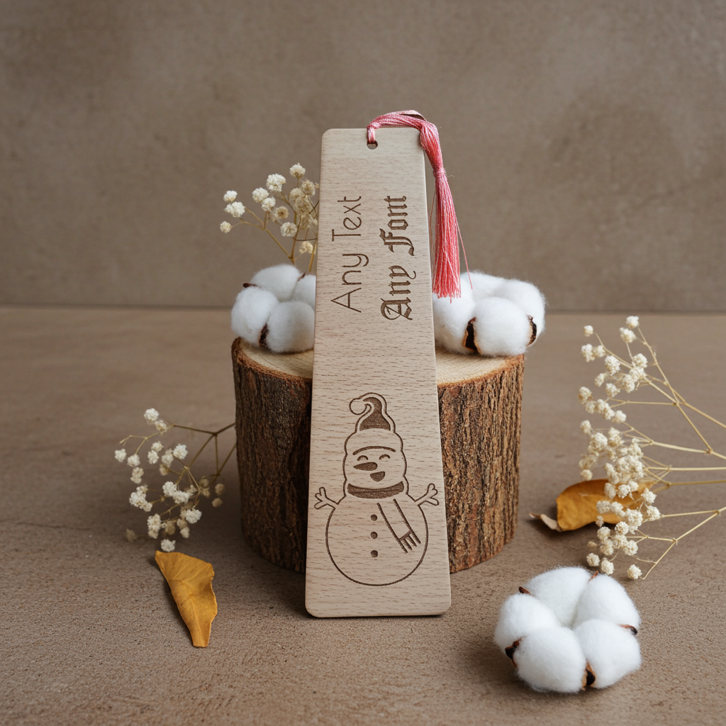 Christmas Wood Bookmark, Snowman Engraving. Personalise, Any Text and Font.