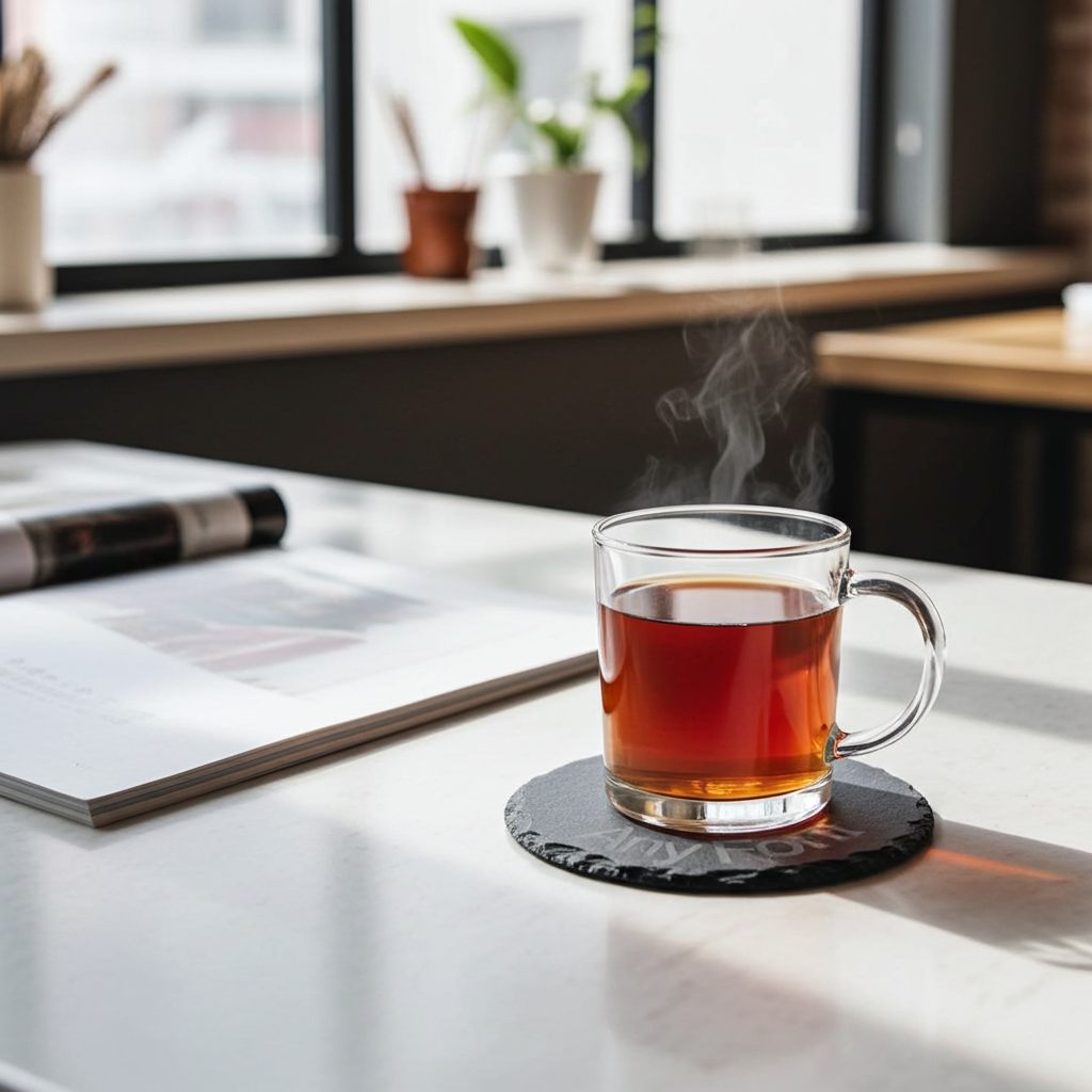 Customise your own Slate Coaster, Any Font and Any Text. Round, with Bumper Feet. 10cm diameter.