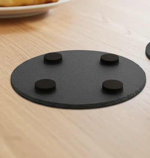 Set of 4, "Two wolves and the Moon" Round Slate Coasters with Bumper Feet.