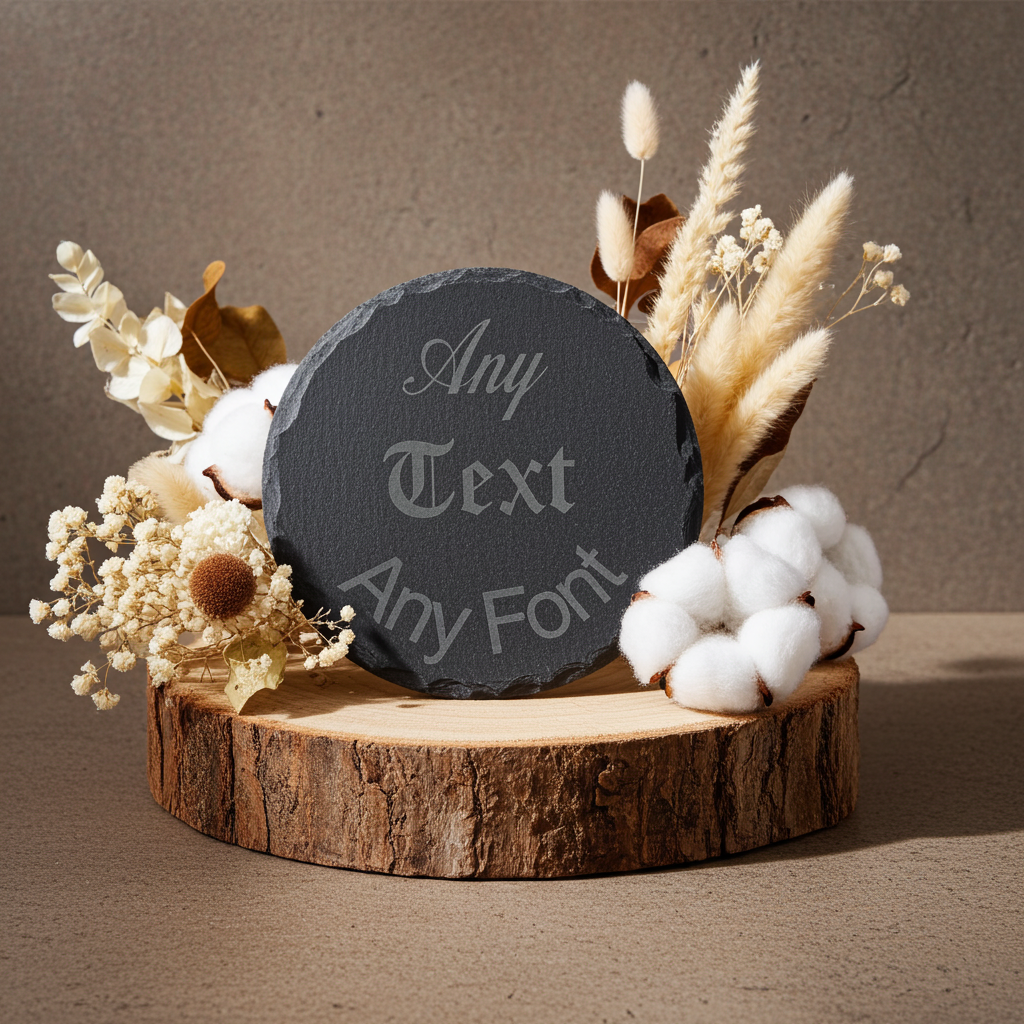 Customise your own Slate Coaster, Any Font and Any Text. Round, with Bumper Feet. 10cm diameter.