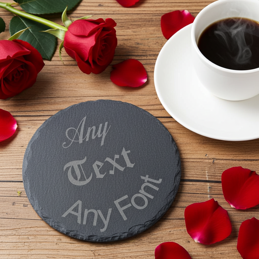 Customise your own Slate Coaster, Any Font and Any Text. Round, with Bumper Feet. 10cm diameter.