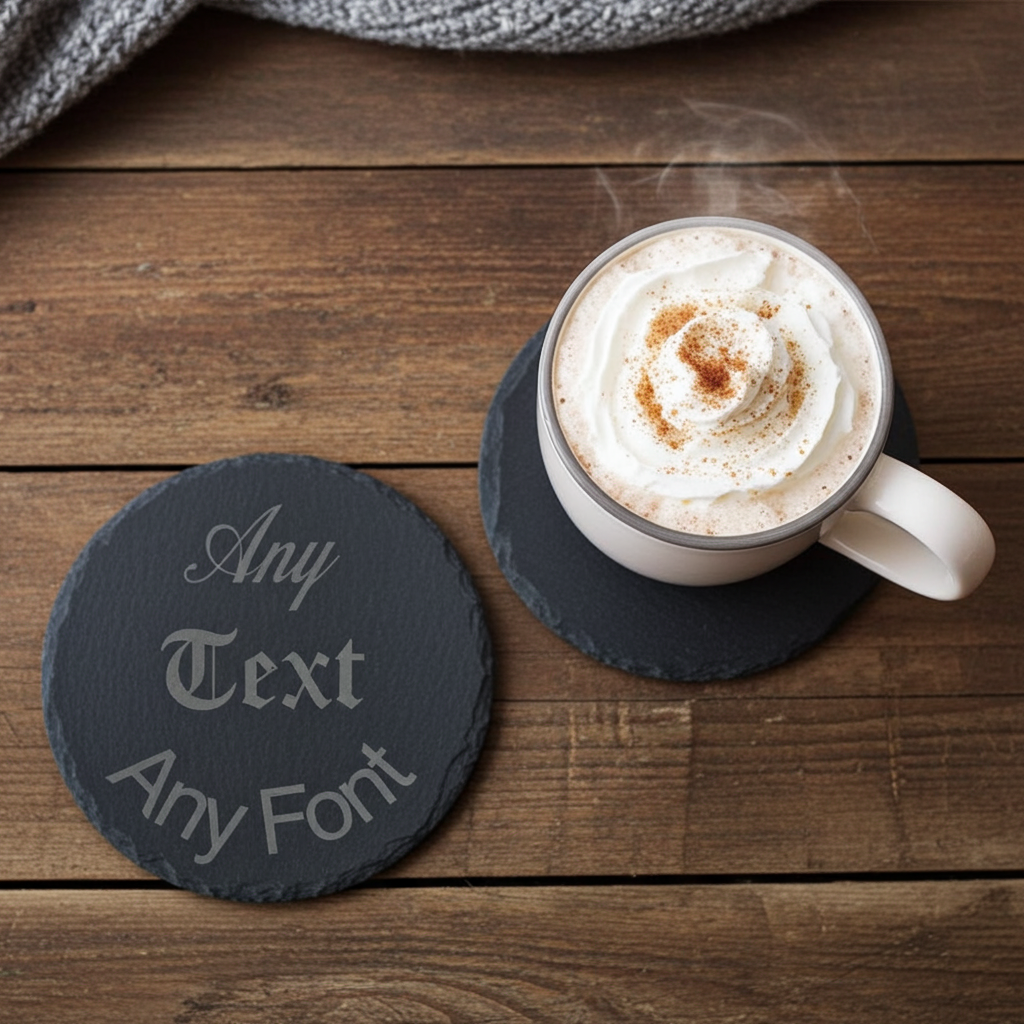 Customise your own Slate Coaster, Any Font and Any Text. Round, with Bumper Feet. 10cm diameter.