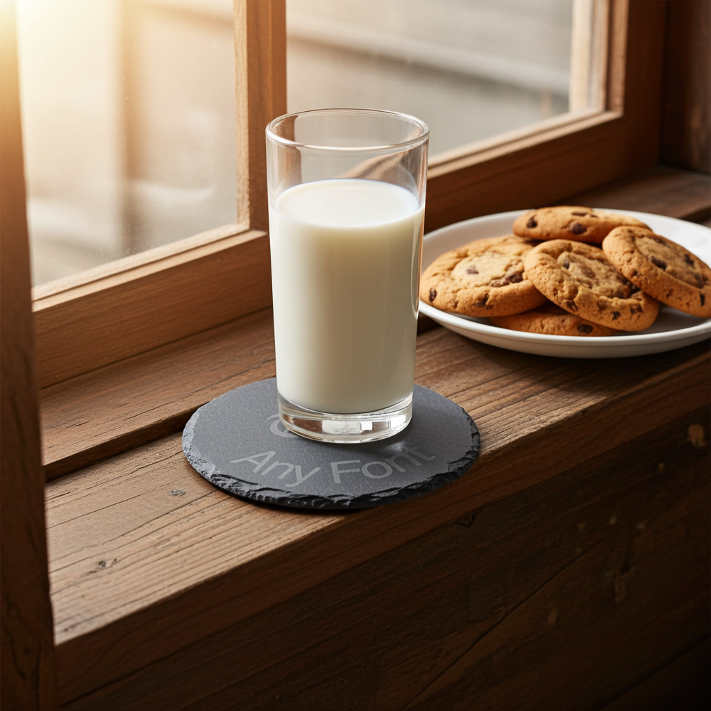 Customise your own Slate Coaster, Any Font and Any Text. Round, with Bumper Feet. 10cm diameter.