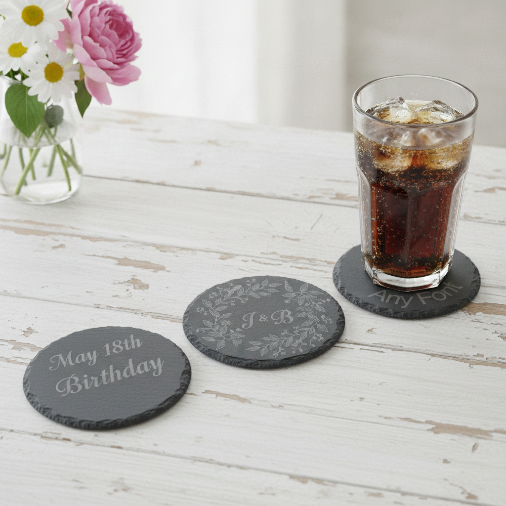 Customise your own Slate Coaster, Any Font and Any Text. Round, with Bumper Feet. 10cm diameter.