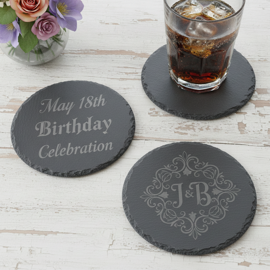 Customise your own Slate Coaster, Any Font and Any Text. Round, with Bumper Feet. 10cm diameter.