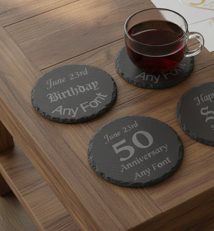 Customise your own Slate Coaster, Any Font and Any Text. Round, with Bumper Feet. 10cm diameter.