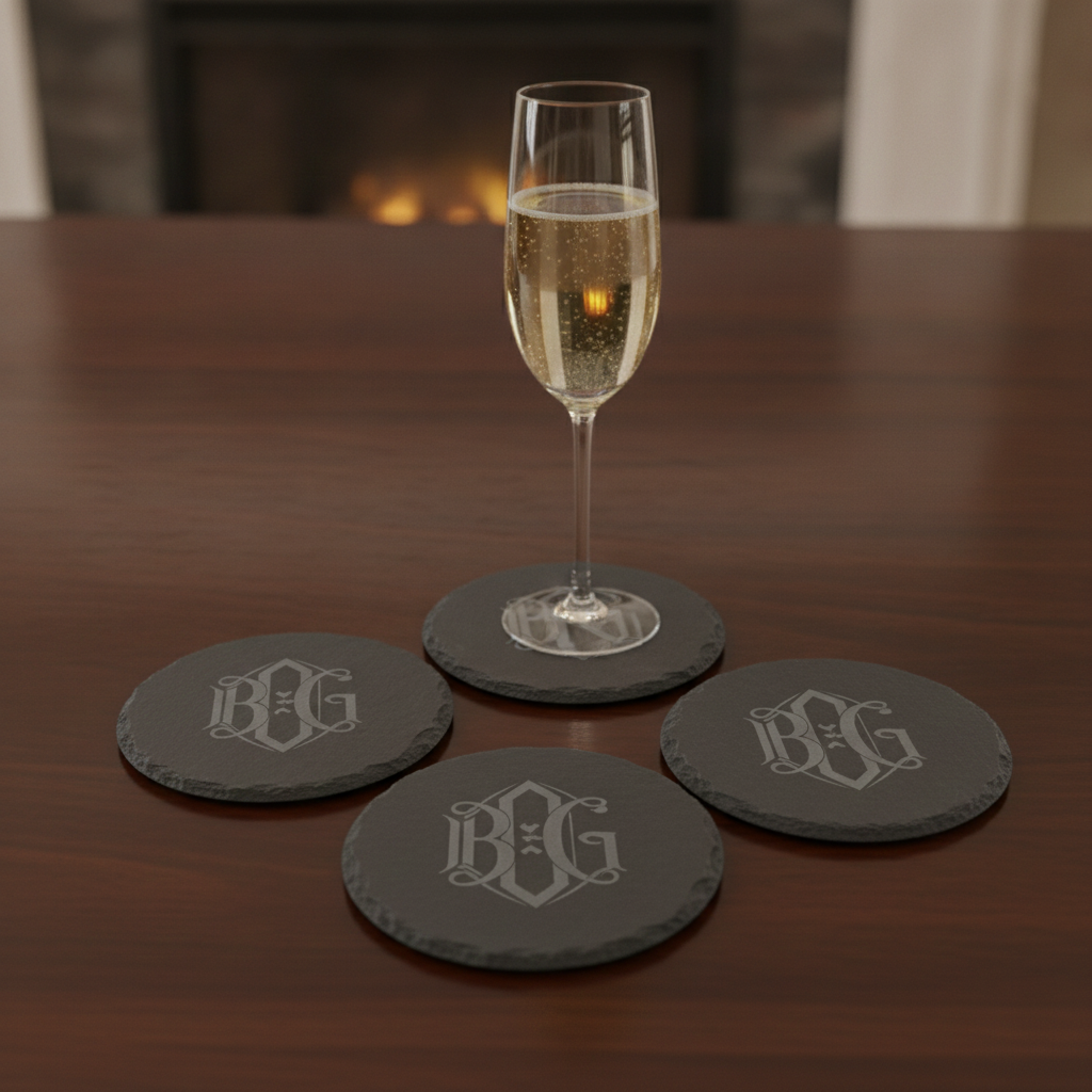 Customise your own Slate Coaster, Any Font and Any Text. Round, with Bumper Feet. 10cm diameter.