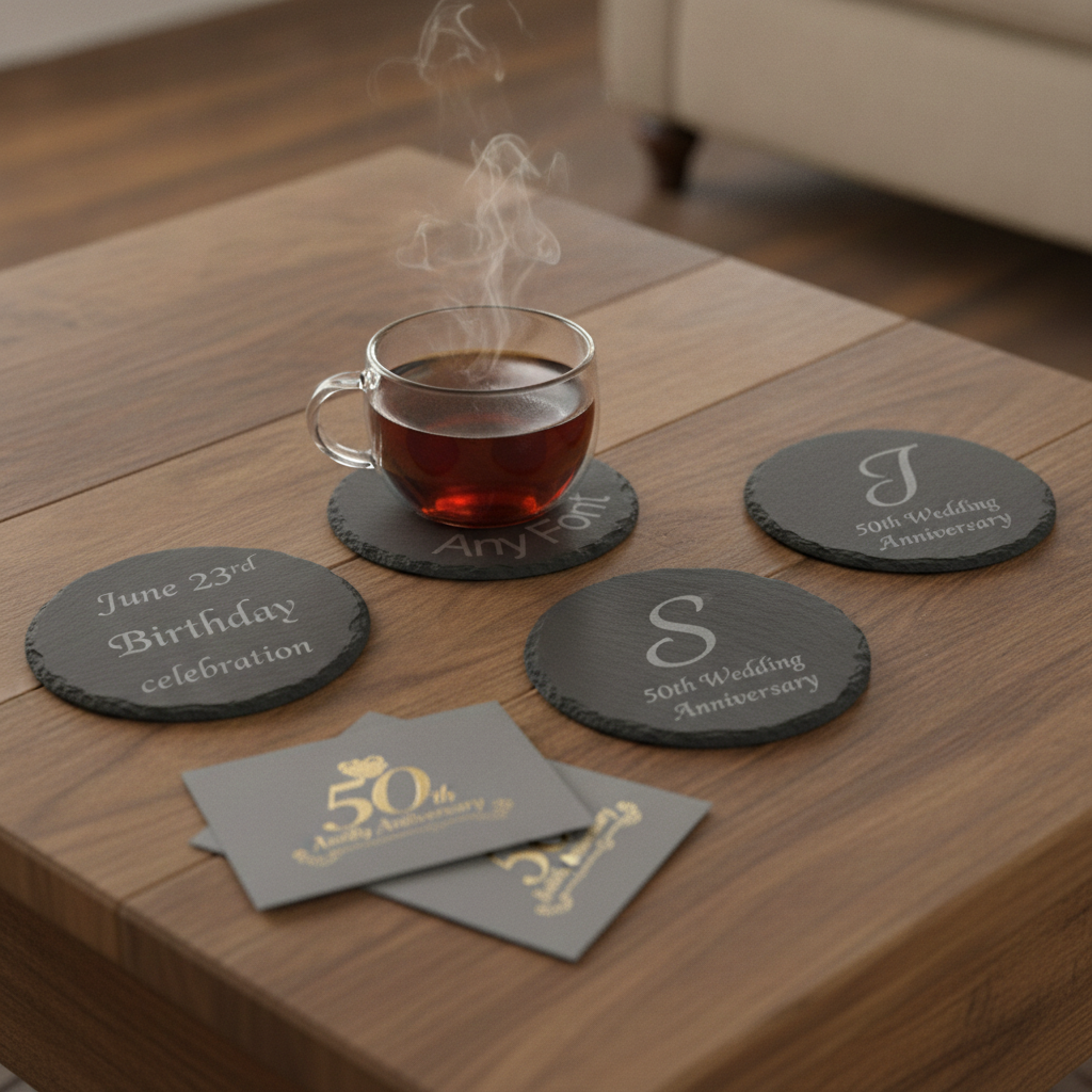 Customise your own Slate Coaster, Any Font and Any Text. Round, with Bumper Feet. 10cm diameter.