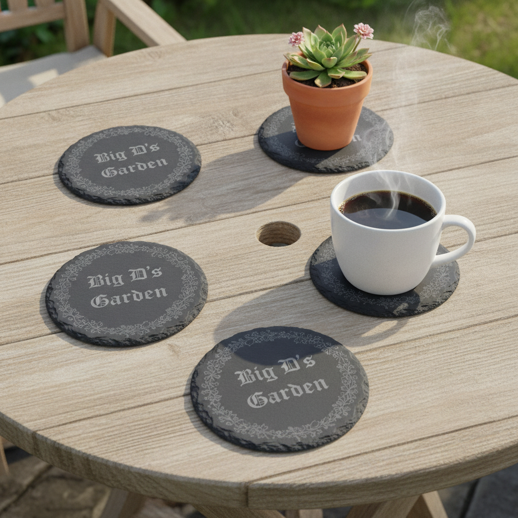 Customise your own Slate Coaster, Any Font and Any Text. Round, with Bumper Feet. 10cm diameter.