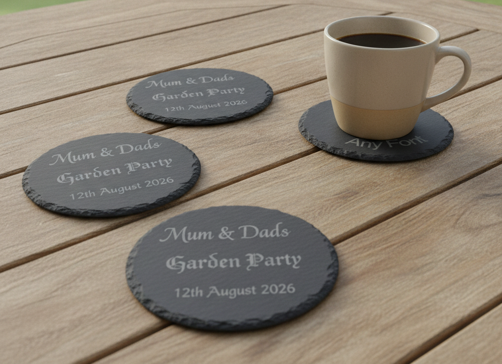 Customise your own Slate Coaster, Any Font and Any Text. Round, with Bumper Feet. 10cm diameter.