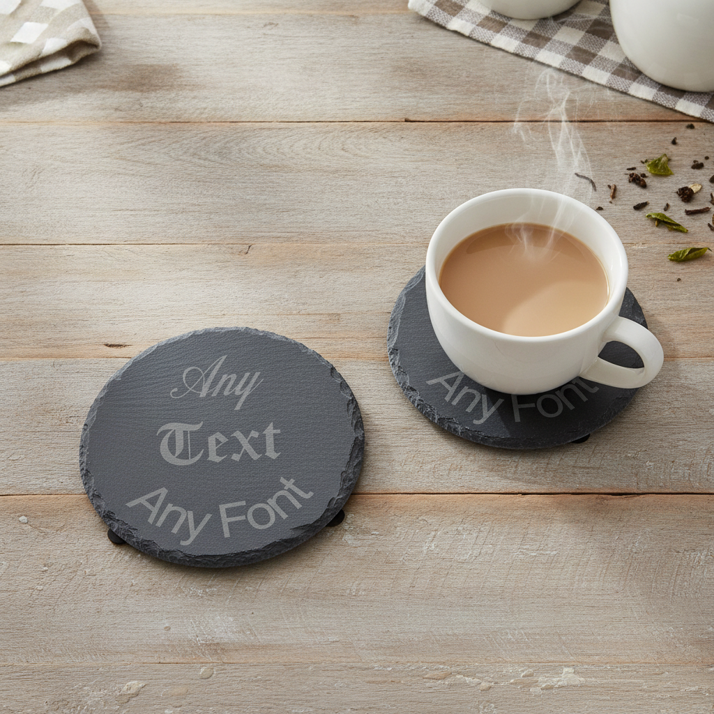 Customise your own Slate Coaster, Any Font and Any Text. Round, with Bumper Feet. 10cm diameter.