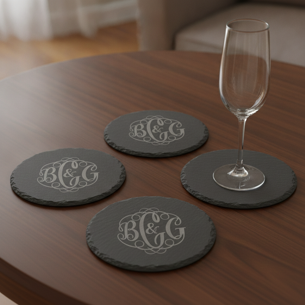 Customise your own Slate Coaster, Any Font and Any Text. Round, with Bumper Feet. 10cm diameter.