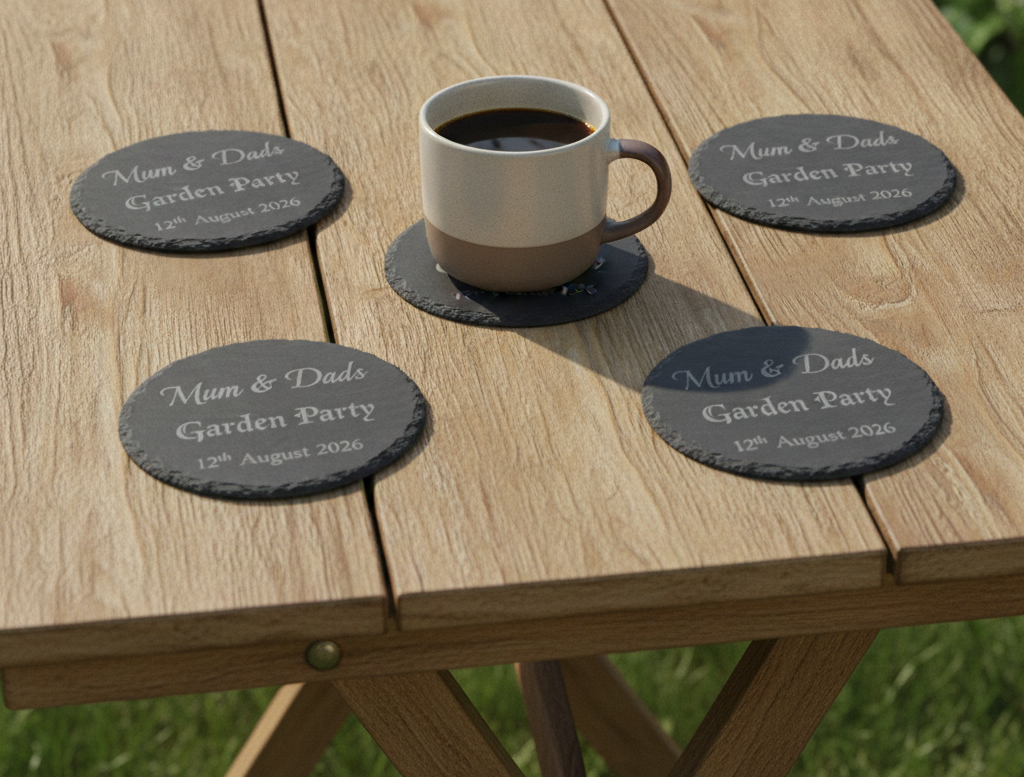 Customise your own Slate Coaster, Any Font and Any Text. Round, with Bumper Feet. 10cm diameter.