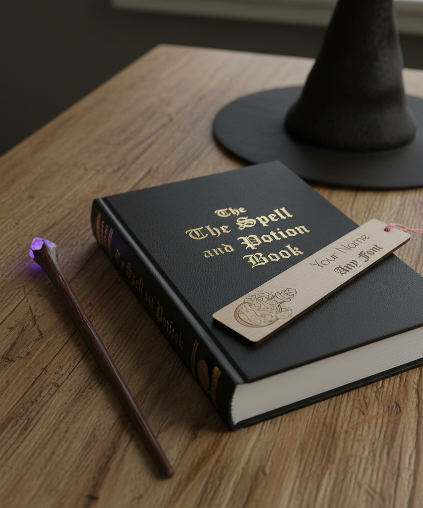 Customise your own bookmark,  Steamed Beech Wood, Any font and Any Text, with an exquisite engraving of a magic potion bottle, with tassel.