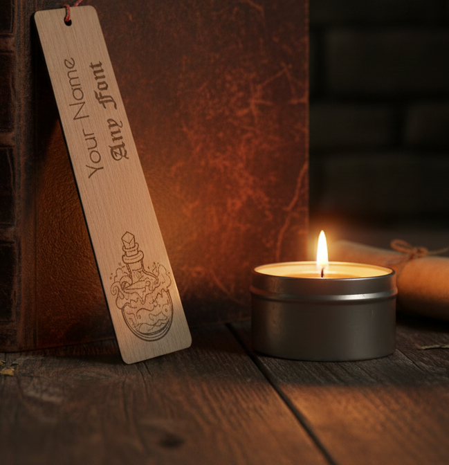 Customise your own bookmark,  Steamed Beech Wood, Any font and Any Text, with an exquisite engraving of a magic potion bottle, with tassel.