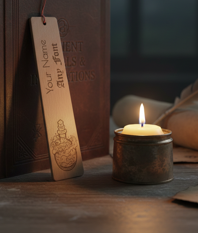 Customise your own bookmark,  Steamed Beech Wood, Any font and Any Text, with an exquisite engraving of a magic potion bottle, with tassel.