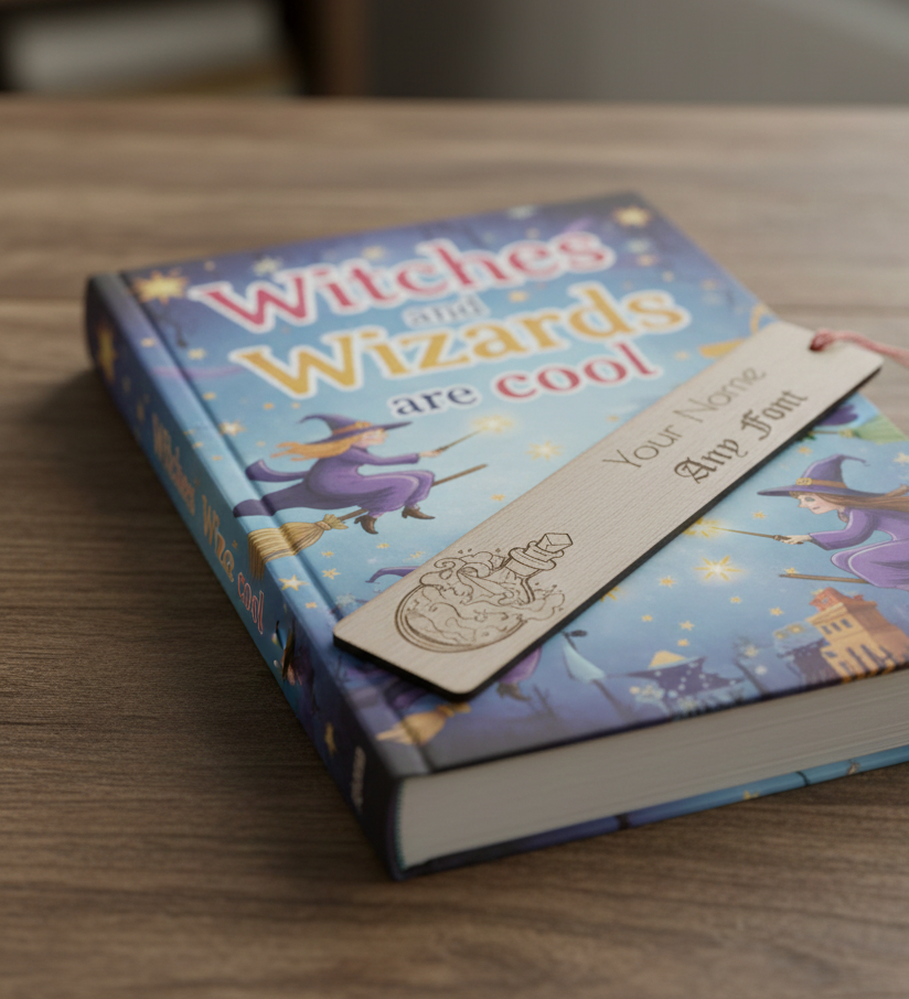 Customise your own bookmark,  Steamed Beech Wood, Any font and Any Text, with an exquisite engraving of a magic potion bottle, with tassel.