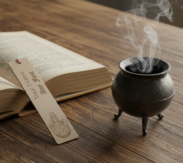 Customise your own bookmark,  Steamed Beech Wood, Any font and Any Text, with an exquisite engraving of a magic potion bottle, with tassel.