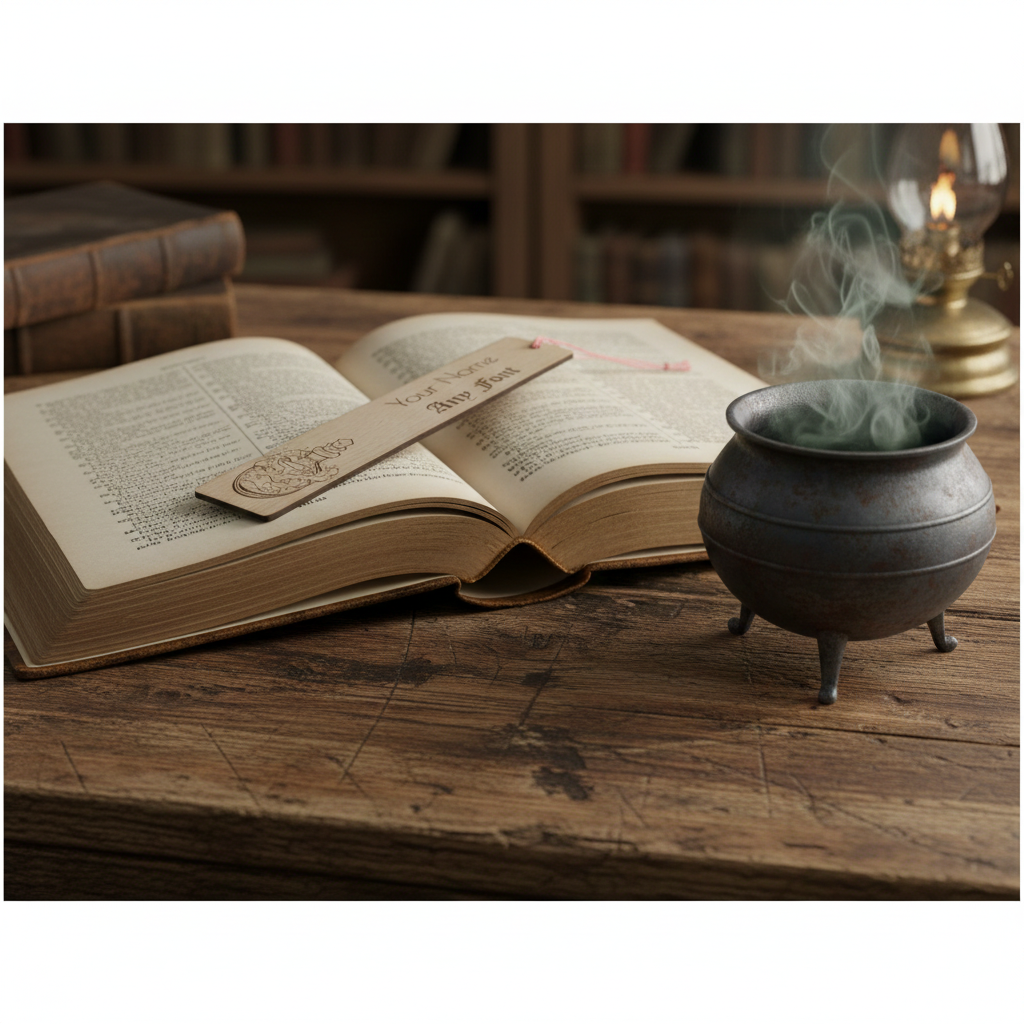 Customise your own bookmark,  Steamed Beech Wood, Any font and Any Text, with an exquisite engraving of a magic potion bottle, with tassel.