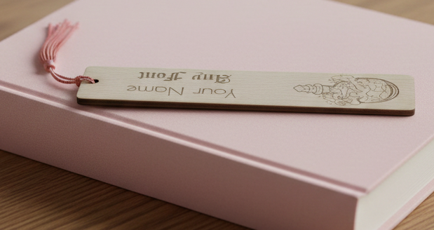 Customise your own bookmark,  Steamed Beech Wood, Any font and Any Text, with an exquisite engraving of a magic potion bottle, with tassel.