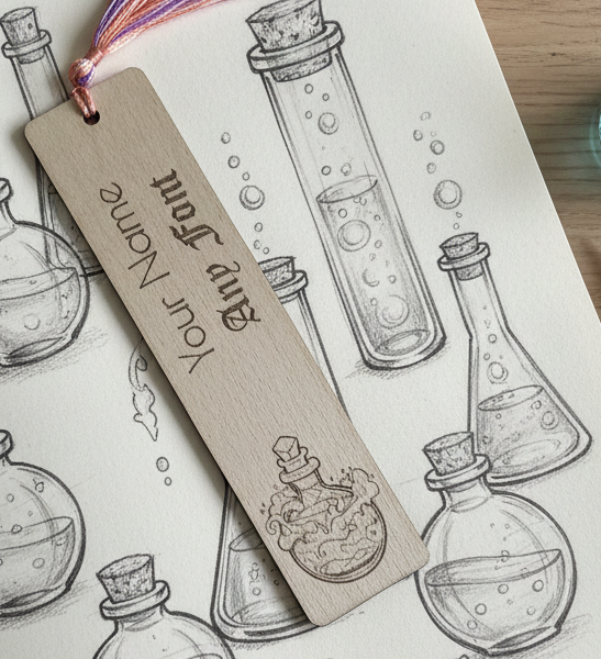 Customise your own bookmark,  Steamed Beech Wood, Any font and Any Text, with an exquisite engraving of a magic potion bottle, with tassel.