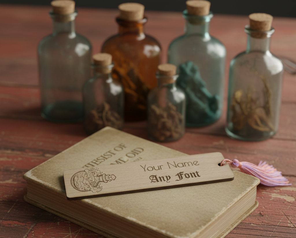 Customise your own bookmark,  Steamed Beech Wood, Any font and Any Text, with an exquisite engraving of a magic potion bottle, with tassel.