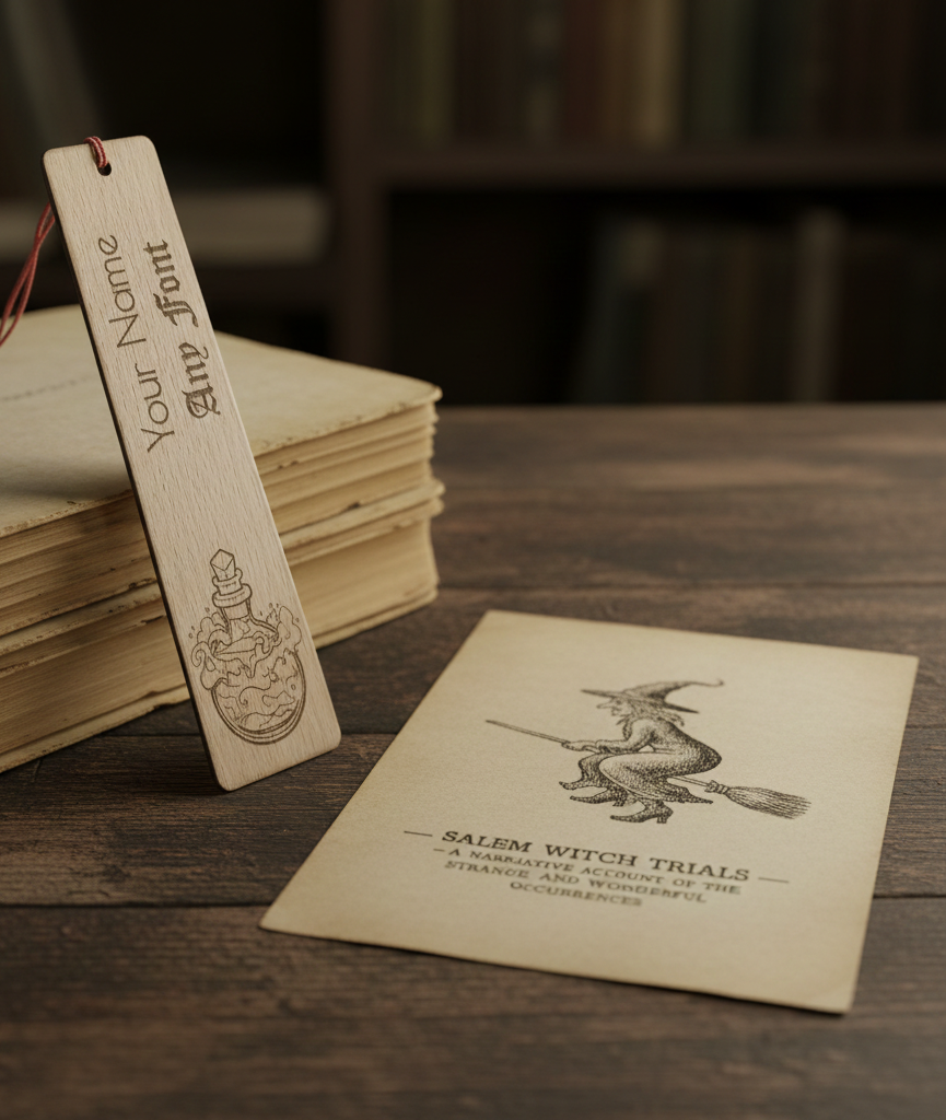 Customise your own bookmark,  Steamed Beech Wood, Any font and Any Text, with an exquisite engraving of a magic potion bottle, with tassel.