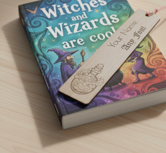 Customise your own bookmark,  Steamed Beech Wood, Any font and Any Text, with an exquisite engraving of a magic potion bottle, with tassel.
