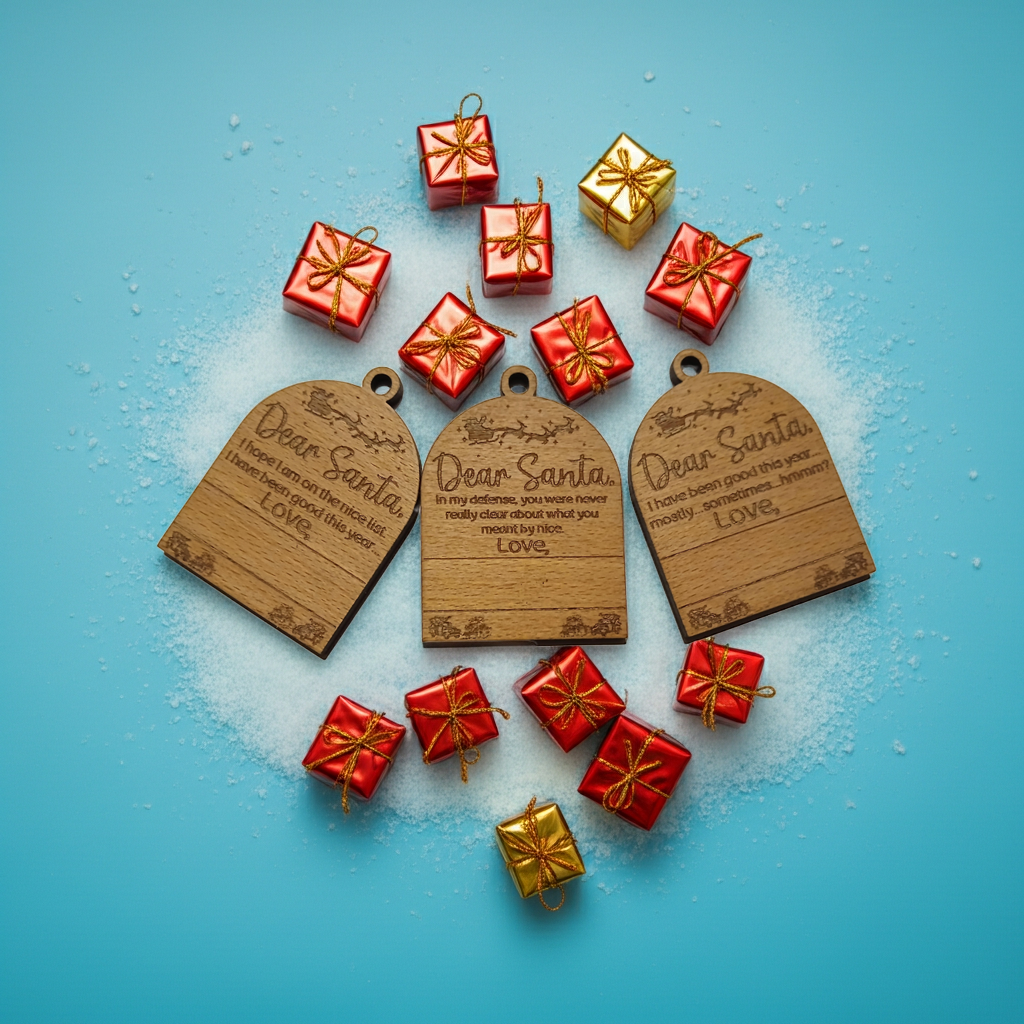 Set of 3, Cute Customizable Dear Santa Tree  / Hanging Steam Beech Wood Ornaments.