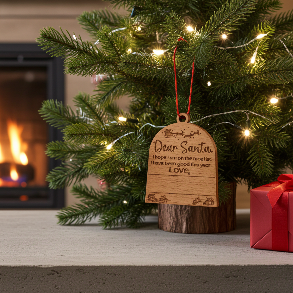 Set of 3, Cute Customizable Dear Santa Tree  / Hanging Steam Beech Wood Ornaments.