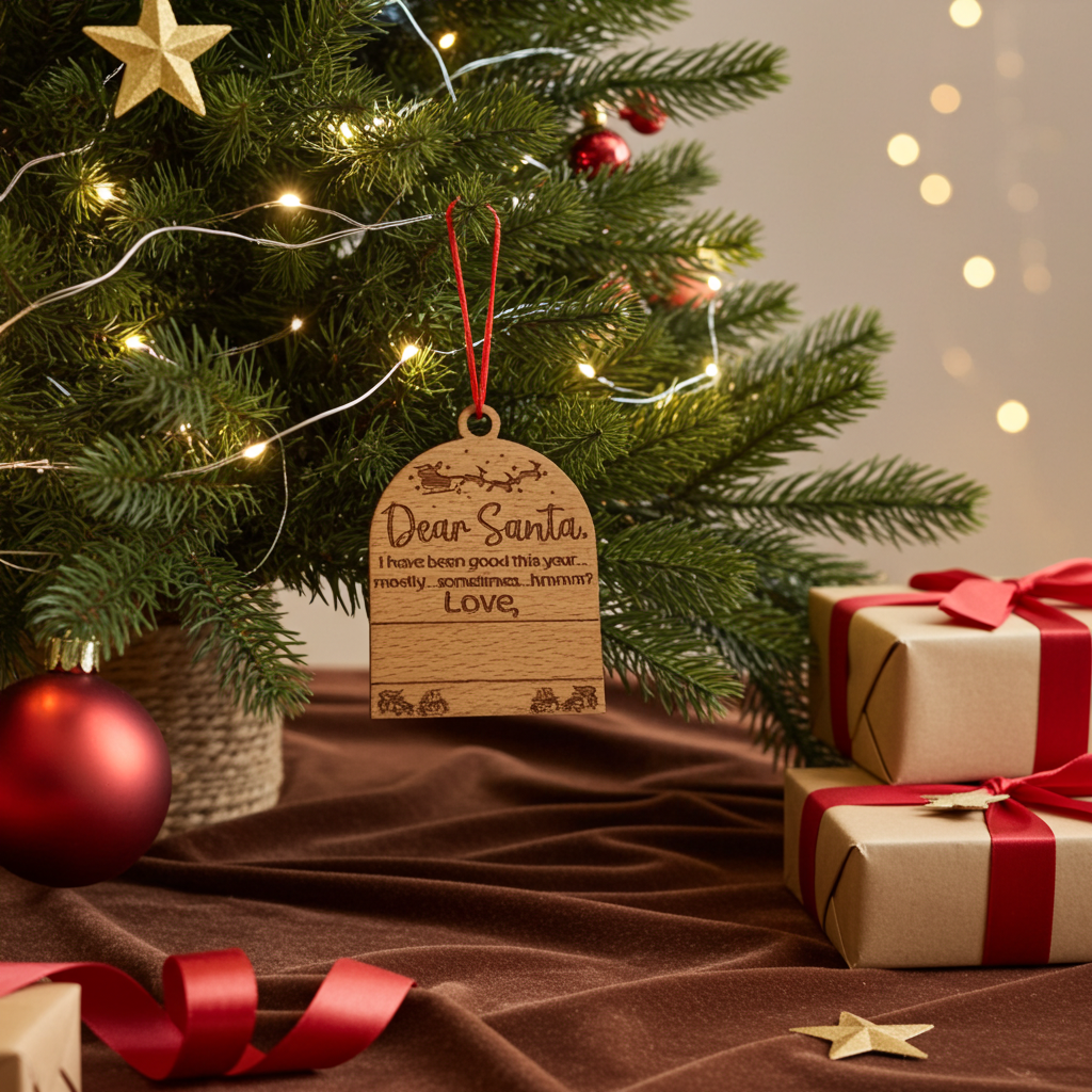 Set of 3, Cute Customizable Dear Santa Tree  / Hanging Steam Beech Wood Ornaments.