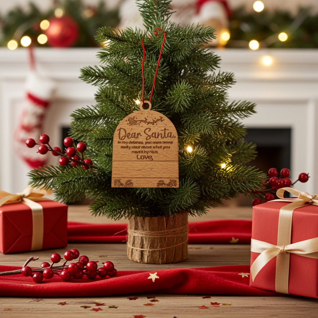 Set of 3, Cute Customizable Dear Santa Tree  / Hanging Steam Beech Wood Ornaments.