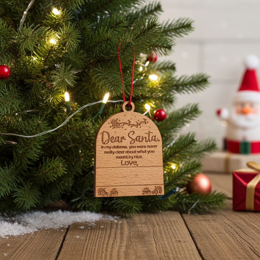Set of 3, Cute Customizable Dear Santa Tree  / Hanging Steam Beech Wood Ornaments.