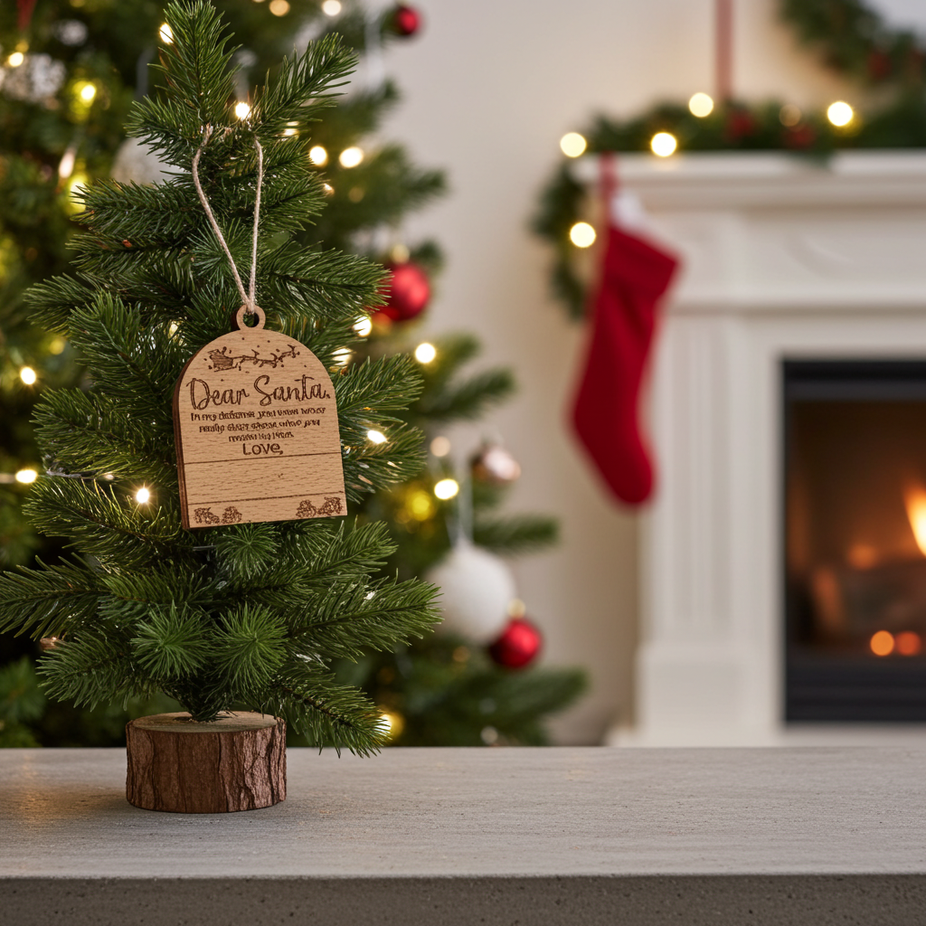 Set of 3, Cute Customizable Dear Santa Tree  / Hanging Steam Beech Wood Ornaments.