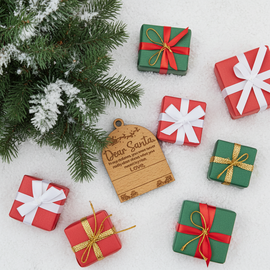 Set of 3, Cute Customizable Dear Santa Tree  / Hanging Steam Beech Wood Ornaments.