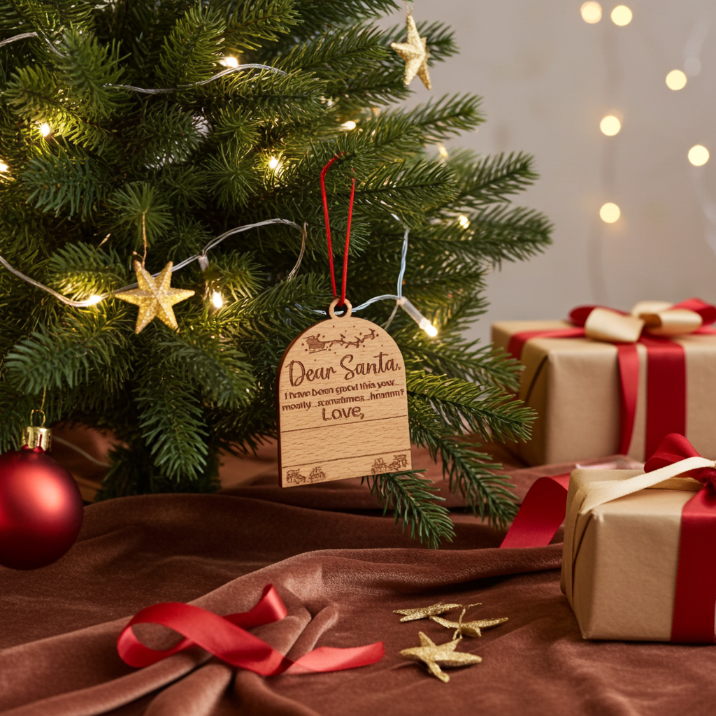 Set of 3, Cute Customizable Dear Santa Tree  / Hanging Steam Beech Wood Ornaments.