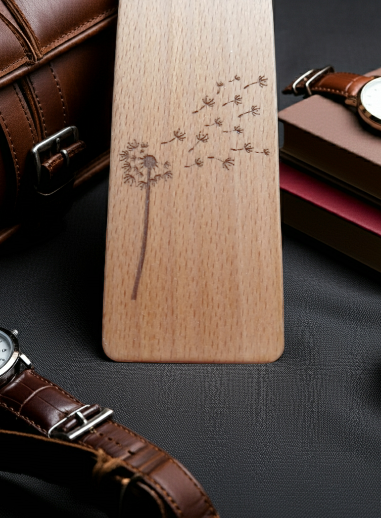Dandelion bookmark Flower engraved wooden book mark with tassel. Personalise with any text and font.
