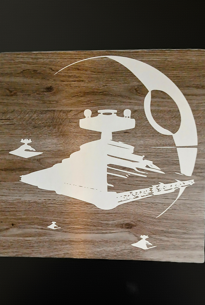 Death Star and Star Destroyers. Wood Engraved Wall Art. 390mm x 390mm