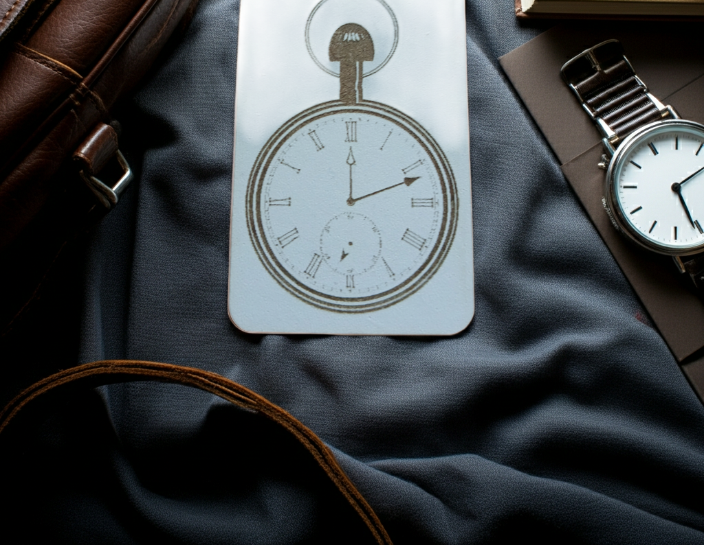 Detailed Pocket Watch engraved Bookmark on white wood. Personalise with any text and font. With tassel attached.