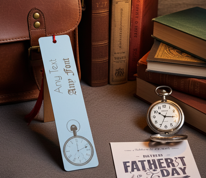 Detailed Pocket Watch engraved Bookmark on white wood. Personalise with any text and font. With tassel attached.