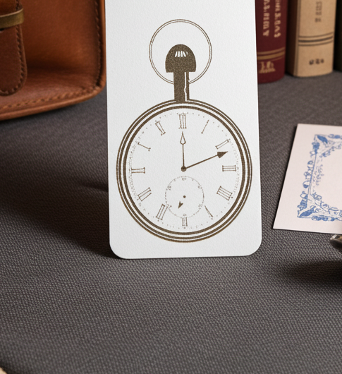 Detailed Pocket Watch engraved Bookmark on white wood. Personalise with any text and font. With tassel attached.