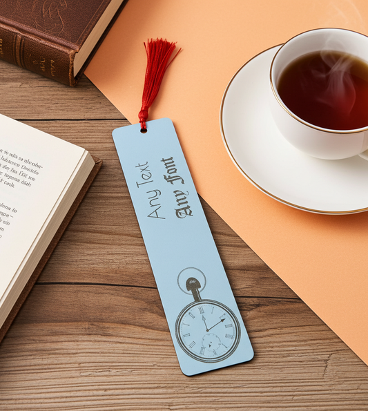 Detailed Pocket Watch engraved Bookmark on white wood. Personalise with any text and font. With tassel attached.