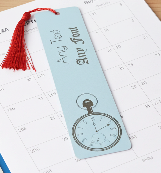 Detailed Pocket Watch engraved Bookmark on white wood. Personalise with any text and font. With tassel attached.