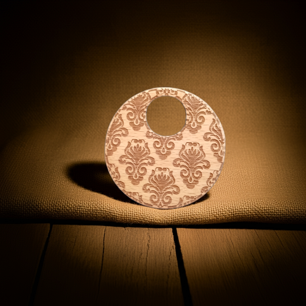 Detailed Wood Flower Pattern Engraved Pendant with waxed necklace. Pendant measures 50mm diameter